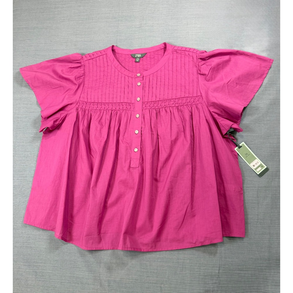 Terra & Sky Pink Smock Yoke Top Plus Sz 1X 16W-18W Cotton Flutter Sleeve Blouse